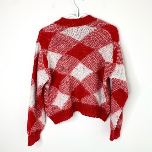 Sandro Sparks Diamond Sweater Red Plaid Mohair Size Small crew neck fluffy - Picture 9 of 11